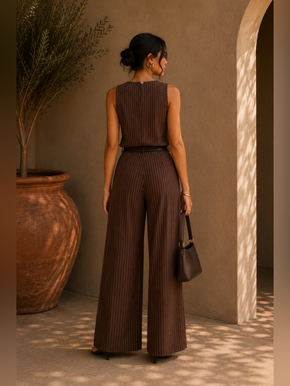 Commense Brown Pinstripe Top & Pants Set S | Office Siren Tailored Set - Picture 2 of 9